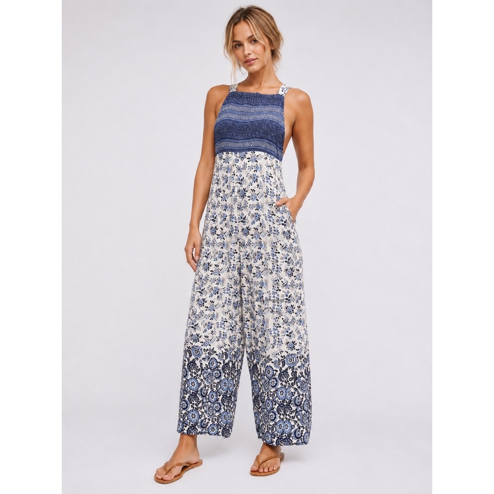 Spell & The Gypsy Elle Bohemian Pantsuit Women's XS Indigo Floral Jumpsuit Rayon